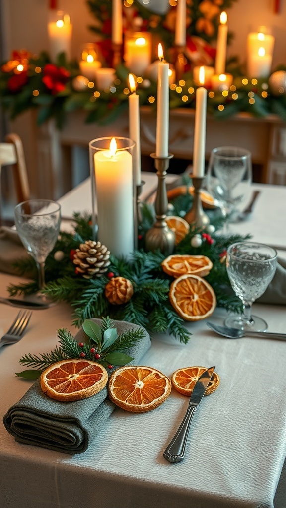 Dried Orange Christmas Table Settings Christmas table setting with dried orange slices, candles, and greenery.